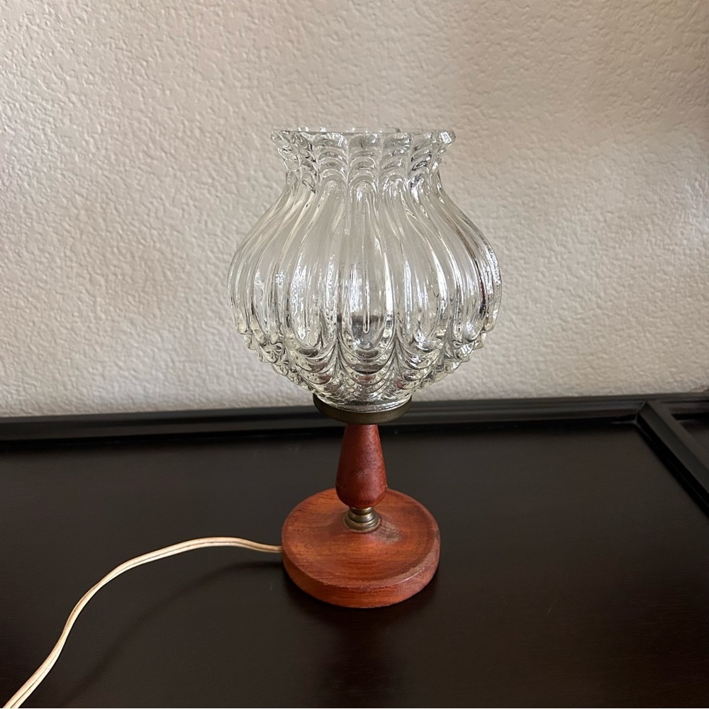 Vintage Glass and Wood Table Lamp: Mid Century Home Decor 10” tall from Europe